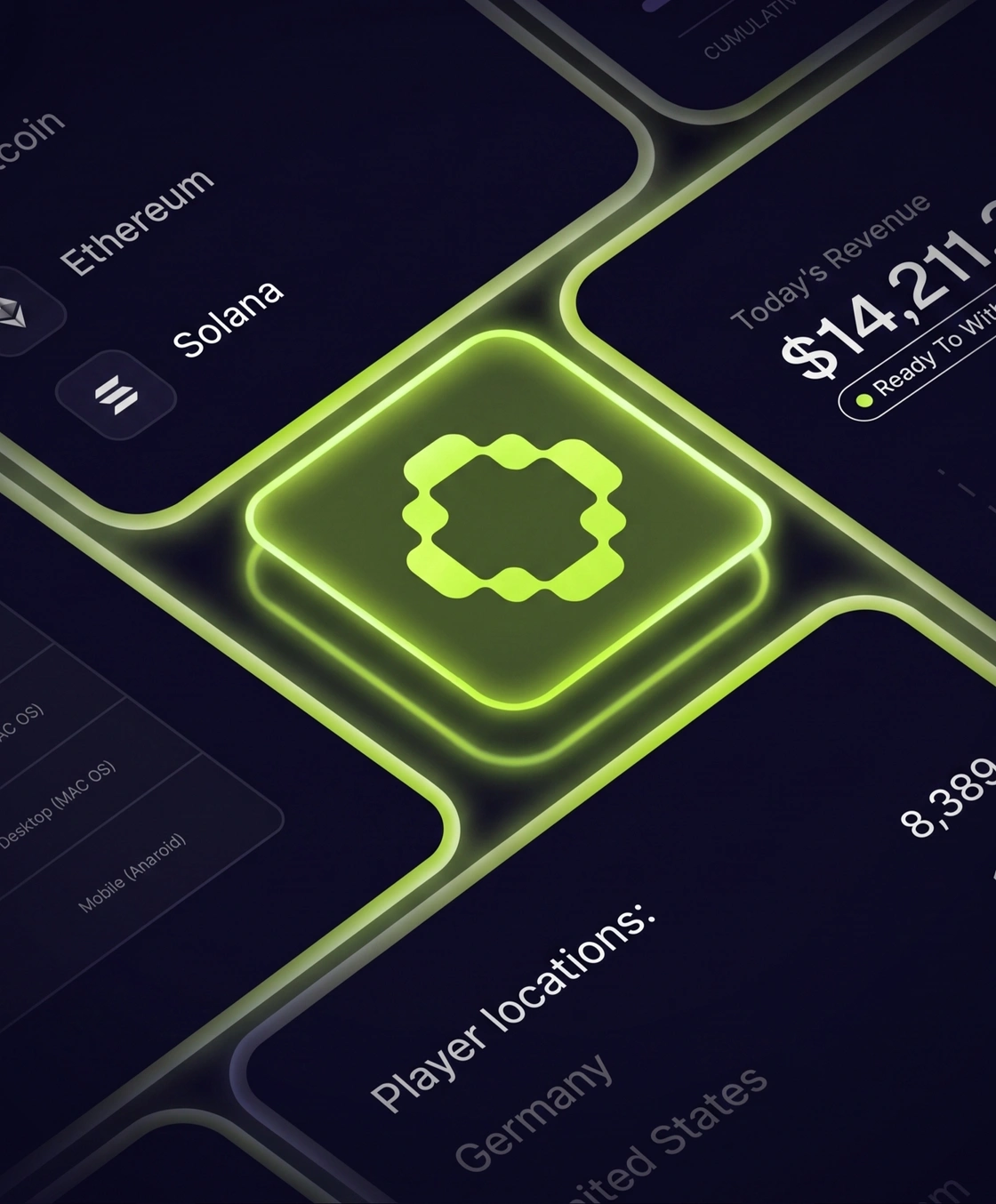 The SMPL Core back office: payment methods, player locations and daily revenue on one screen