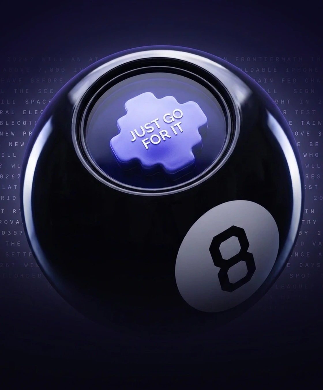 A magic 8-ball answering: just go for it, against a wall of open prediction market questions